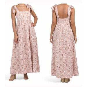 HOUSE OF HARLOW Sz S Small Mauve Tan Floral Tie Shoulder Linen Maxi Dress NWT